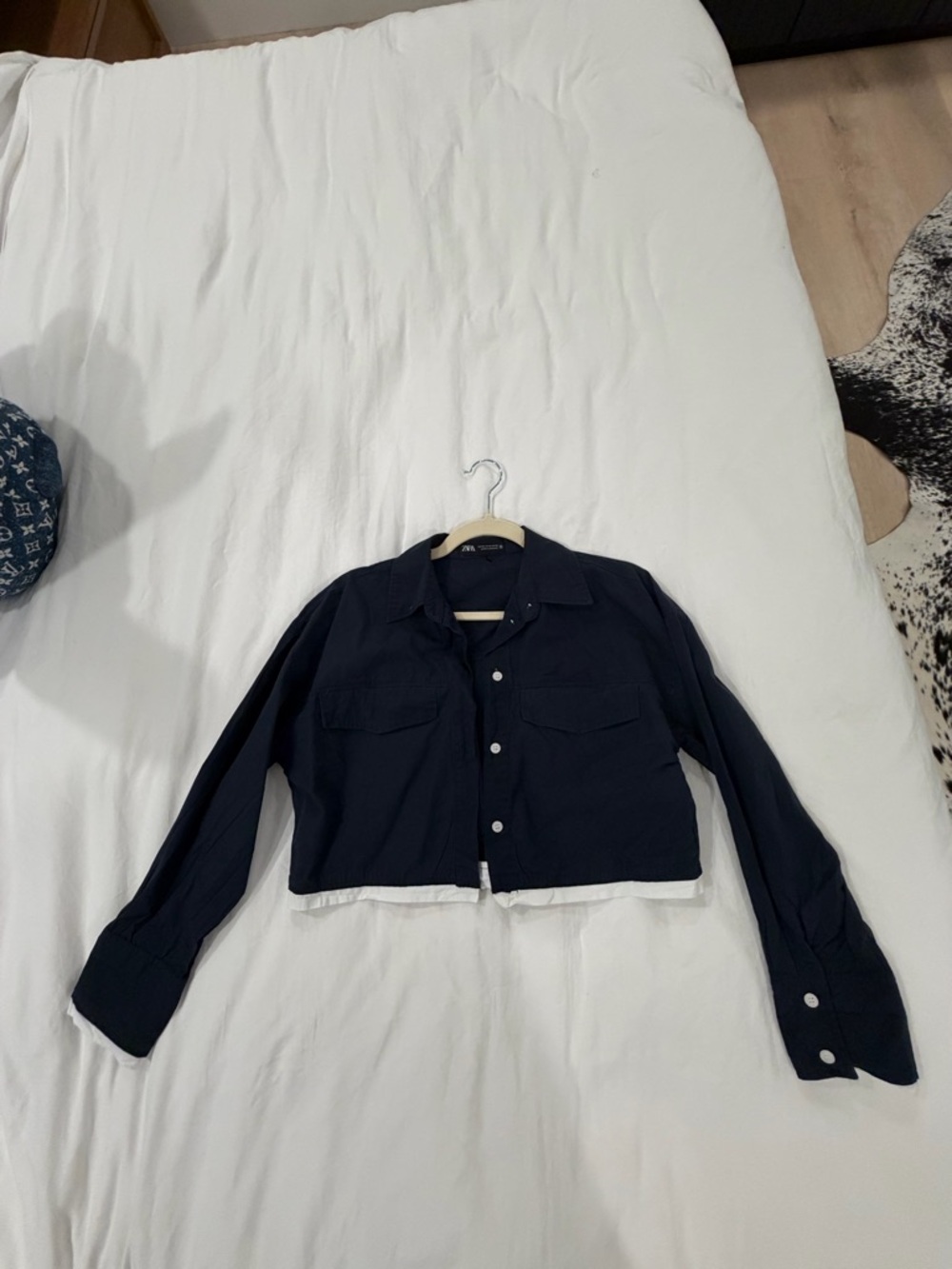 Zara Navy Cropped Button-Down Shirt